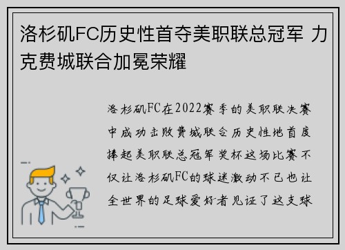 洛杉矶FC历史性首夺美职联总冠军 力克费城联合加冕荣耀 洛杉矶FC历史性首夺美职联总冠军 力克费城联合加冕荣耀